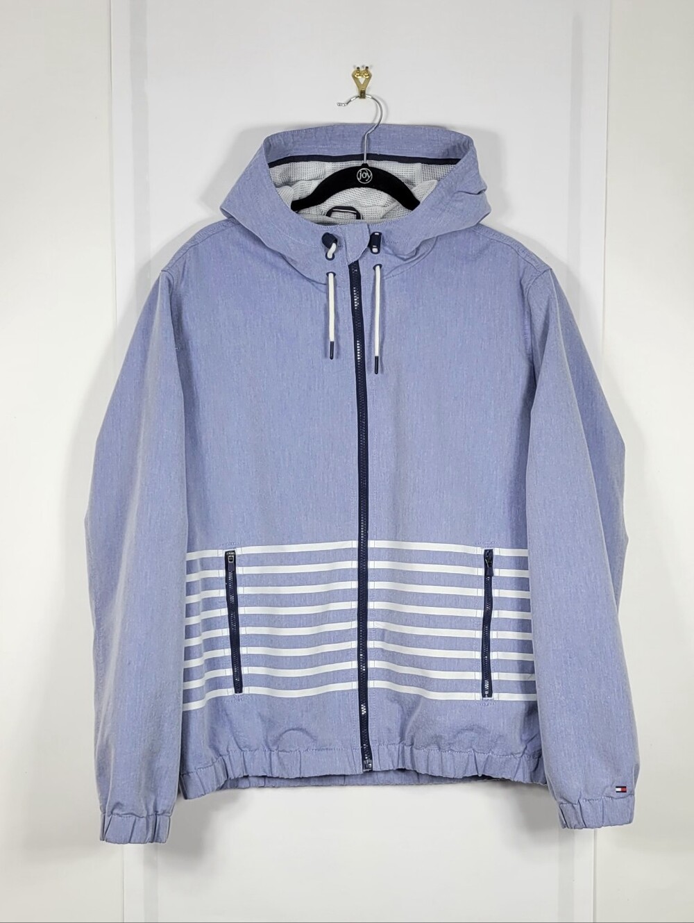 Tommy Hilfiger Light Blue Hooded Rain Jacket with White Stripes #857 Size XL